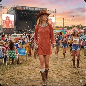 Lildy S/M Rust Off Shoulder Tunic Knit Double Lace Bell Sleeve Boho Career